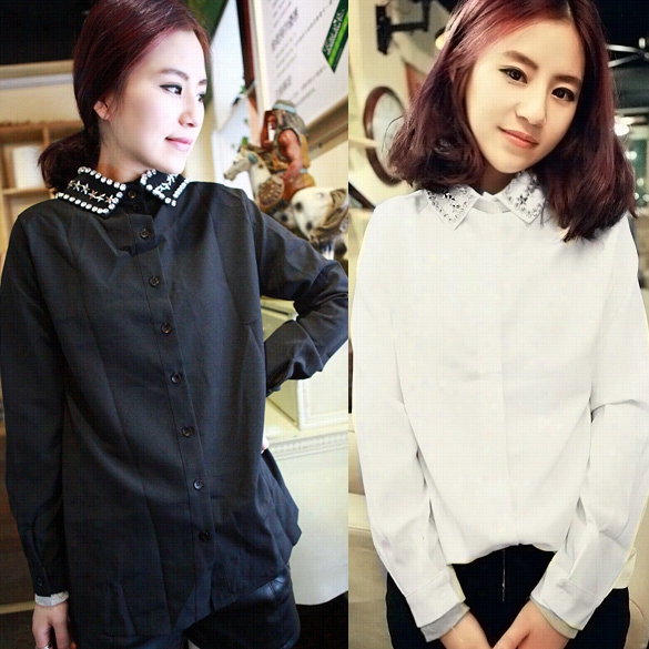 Women's Long Sleeve Bright Rinestone Turndown Collar Chiffon Shirt Bottoming Shirt Top Blouse