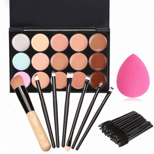 15 Oclors Concealer Palette + 50pcs Disposable Eyelash Brushes + 7 Brushes + Sponge Cosmetic Set Kit