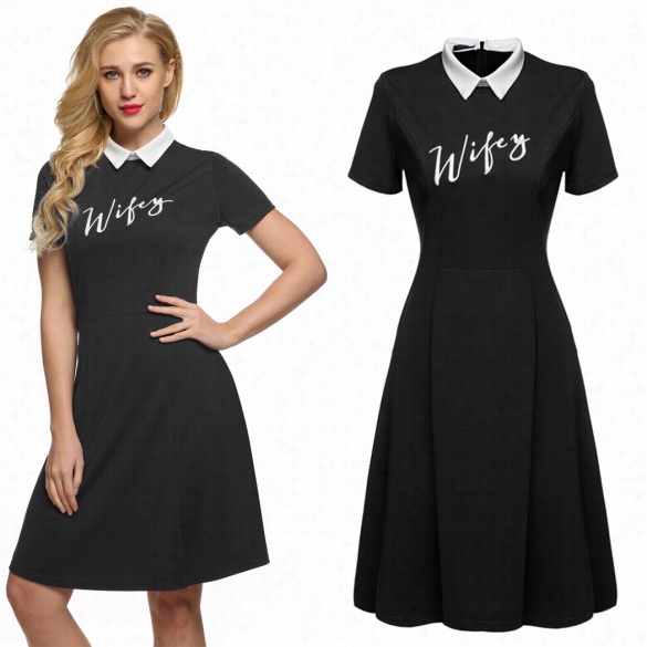 Acevog Retro Women Doll Collar Short Sleeve Embroidery Casual A-line Shift Dress