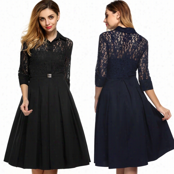 Acevog Women Fashjon Casual Doll Collar Lace Patchwork Pleated Dress