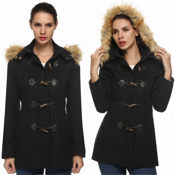 Acevog W Omen Fasnion Lady Deetachable Faux Fur Hooded Long Solid Slim Wool Blend Coat Outerwaer Overcoat