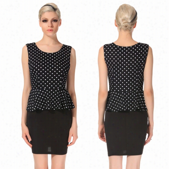 Angvns Fashionable Lady Women's Fashion Sleveless O-necck Polka Odt Falbala  Polished Dress