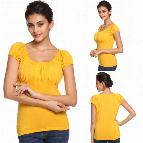 Angvns Women Fashion Casual Round Neci Short Sleeve Shirred Solid Stretch T Shirt Tops