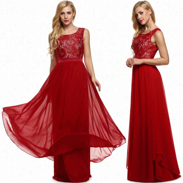 Angvns Women Lady Sleeveless Lace Chiffon Patchwork Party Eve Cocktail Full Gown Flo Or-length Dress