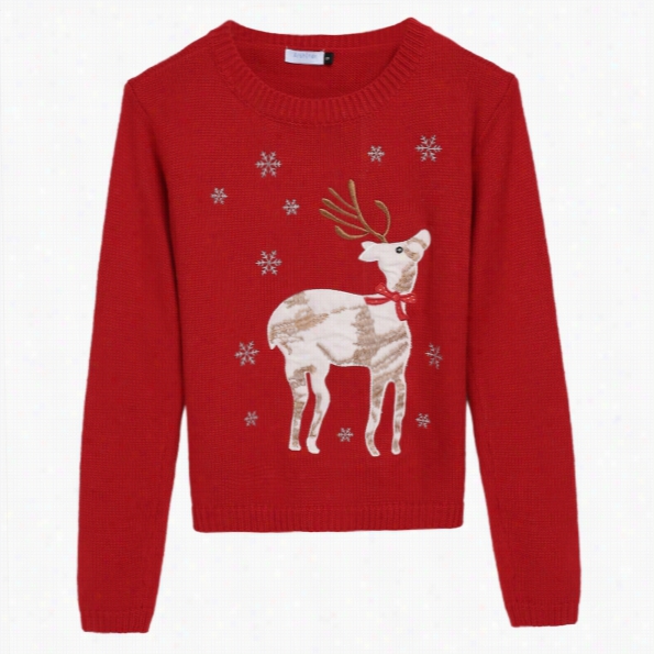 Arshiner Lass Christmas Cute Deer Embroidered Knitted Pullover  Sweater