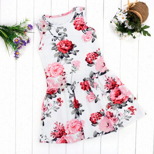 Baby Kis Children Girl Fashion Accidental Roundd Neck Sleeveless Floral Flower Print A-line Short Tank Dresw