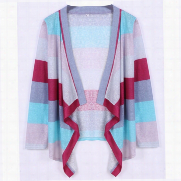 Casual Women Vv--neck Slow Sleeve Open Front Stripe Disorderly Hem Cardigan Sweater