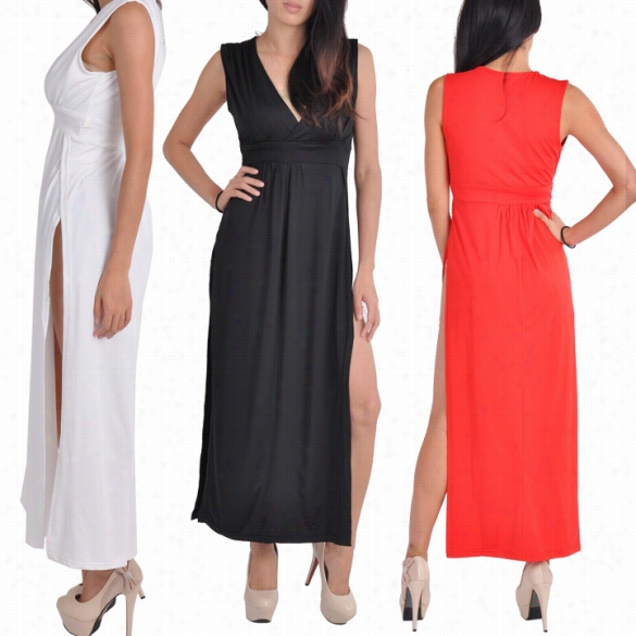 Double Slit Hgih Waist Sleeveless Dress Deep Cleavae V Neck Maxi Two Split Sexy