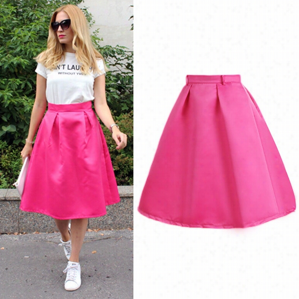 Elegant Ladies Women Skirts Olid Hgih Waist A-line Pleated Casual Party Midi Skirt