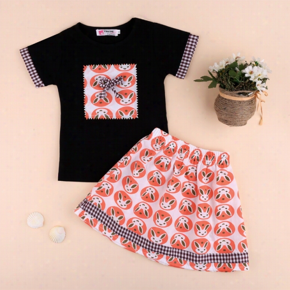 Fashion Baby Girls Black Short Sleeve T-shirt Tops Print Skirt Two Ieces Set