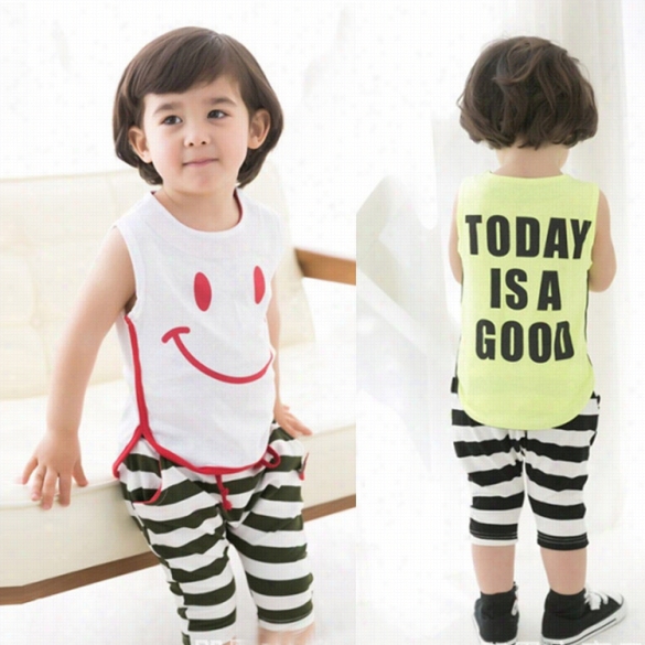 Fashion Casual Kids  Children Lass Boy Unisex Two Pieces Smile Letter Print Irregular Tank Tops And Stripedbaggy Pants Set