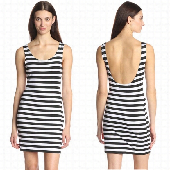 Fashon Fashion Woomenn Casal Sexy Round Nrck S Leevelesss Backless Stdipe Pencil Min I Tank Dress