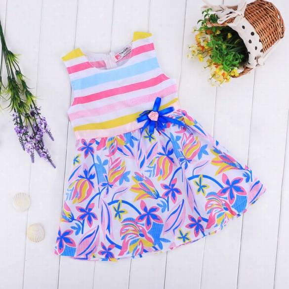 Fashion Kids Girls O-neck Sleeveless Stripe Splic Ehigh Waist Dress Sundress