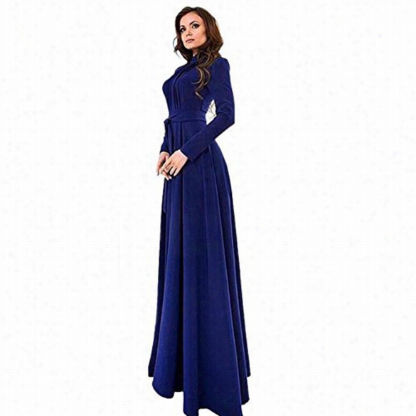 Fashion Ladies Wimen Stand Collar Long Sleeve Pure Color Maxi Party Banquet Chiffon Slim Long Dresss With Belt
