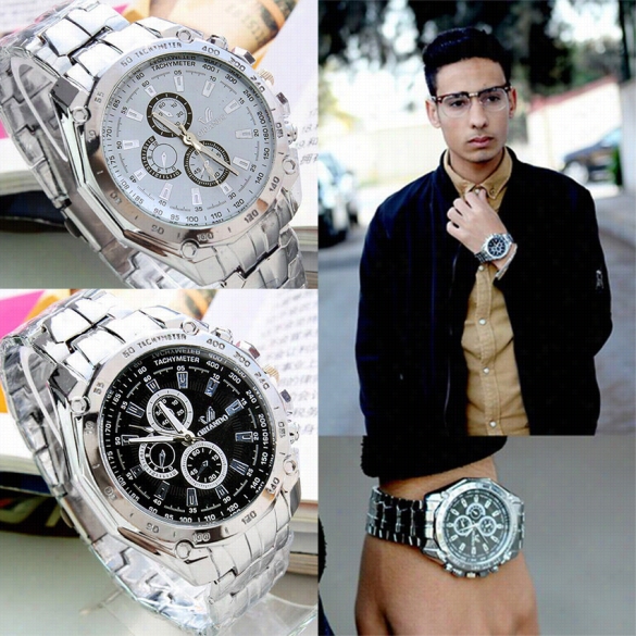 Fashion Me'ns Chronograph Wrist Guard Stainless Steel Band Sp Orts Quartz Wristwatch