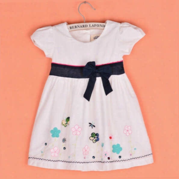 Fashion Summer Kids Girls Cap Sleeve Bowknot High Waist Dress O-neck Embroidery A-line Dress