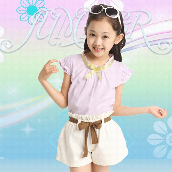 Fashion Sum Er Kids Girls Cap Sleeve Stand Neck Back Button Blouse Tops Elaati Waist  Pocket Shorts Two Piece Set