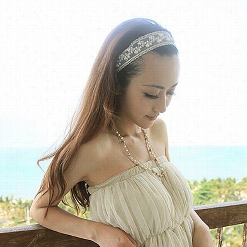 Fashion Women Girsl Elastic Lace Imitation Pearl Head Hair Wrap Headband Sal E