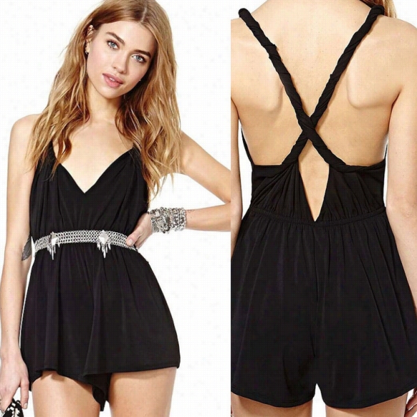 Fashion Women Low Cut Deep V Neck Short Jumpsuit Romper Backldss Sleeveless Black