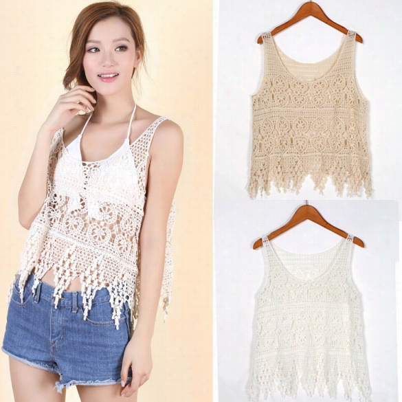 Fashiln Women's Sleeveess Knitting Crochet Hollow Out Tassel Blouse Crop Tops Sexy Camisole