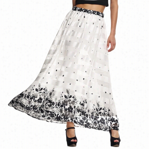 Finejo Elegant Ladies Women Fashi On Elastic Waist Print Long Skirt