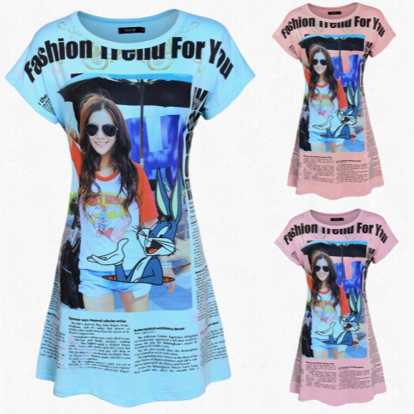 Finejo Fashion Wommen Girls O Neck News Paper Desiigned Printed Long T-shirt