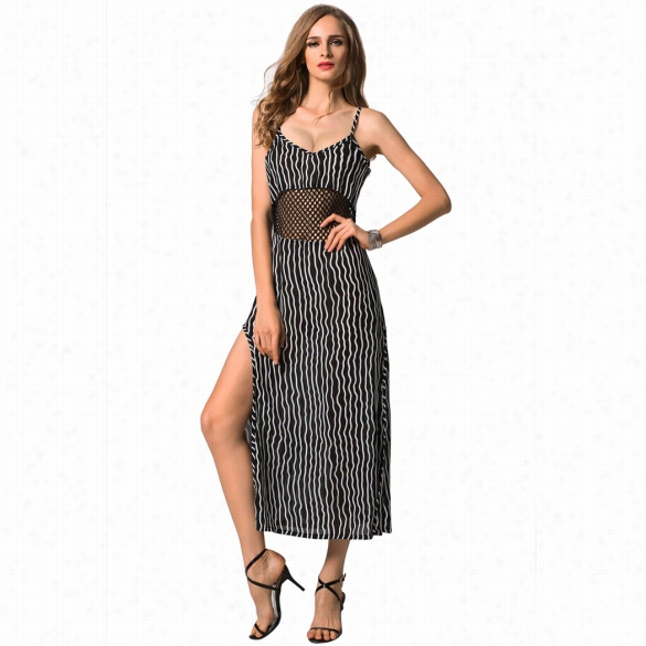 Finejo Ladies Women Sexy Strap V-neck Patcnwork Hollow Side Split Striped Chiffon Max I Long Dress