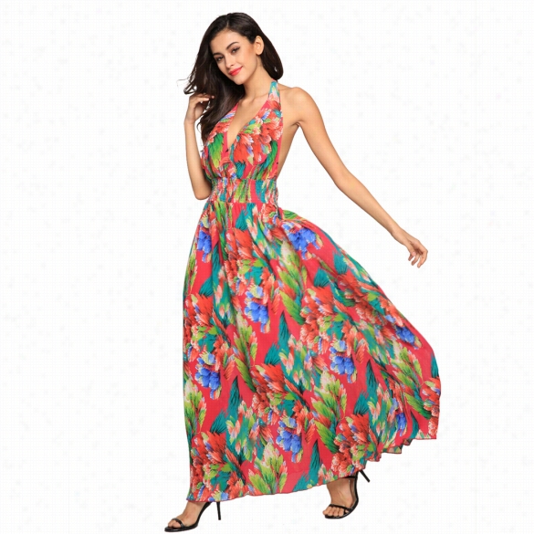 Finejo Sext Wo Men Beachprom Backless Halter Bandage Floral Print Long Maxi Dress