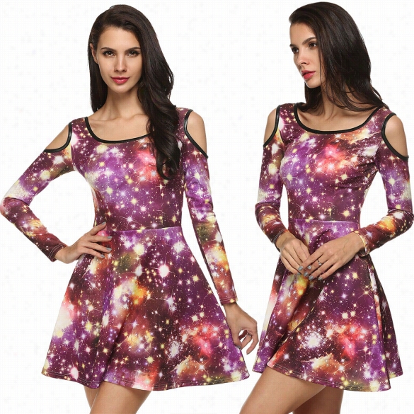 Finejo Stylishh Gilrs Ladies Casual Dress Stars Print Off Shhoulder Long Sleeve Mini Dress