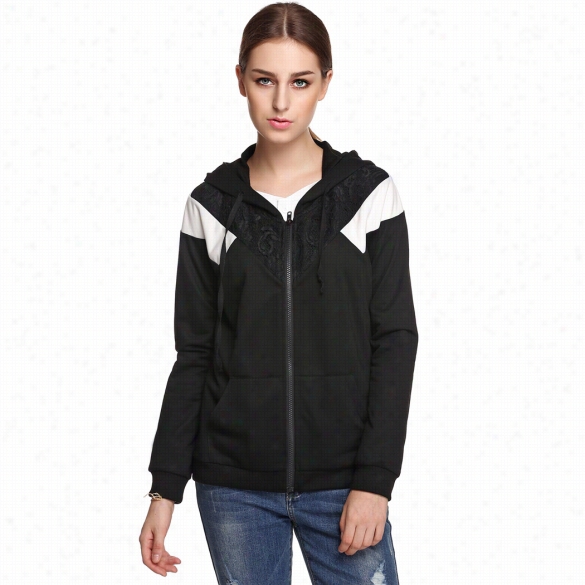 Finejo Stylish Ladies Hoodie Loose Splicing Hooded Lon G Sleeve Zipper Sweatshirt Tol