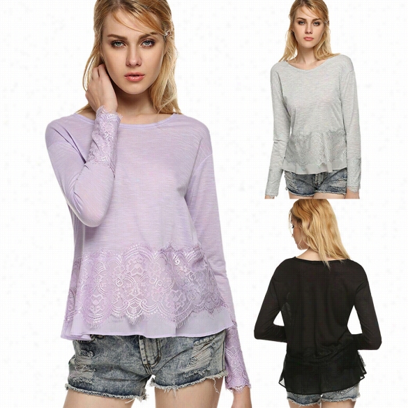 Finejo  Seet Ladies Leisure Loose Lace Splicing O-neck Long Sleeve Casual Top Blouse