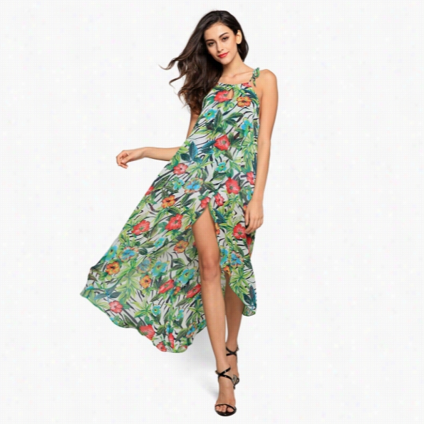 Finejo Women Fashion Sexy Loose Chifffon Ahlter Sleeveless Irregular Hem Floral Print Maxi Slow Dress