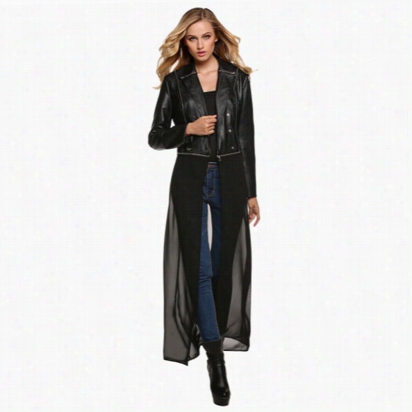 Finejo Women Rock Style Elather Coat Chiffon Hem Detachable Long Sleeve Slim Casuao Long Overoat Jacket