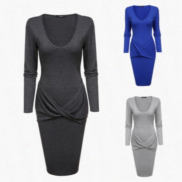 Finejo Women V Neck Stretch Bodycon Dress Long Sleeve Package Hip Cross Ruched Wrapped Front Dress