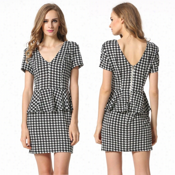 High Uqality Stylish Lady Sexy Women's Casuak Formal Short Sleeve -vneck Peplum Mini Slim Geometric Pattern Dress