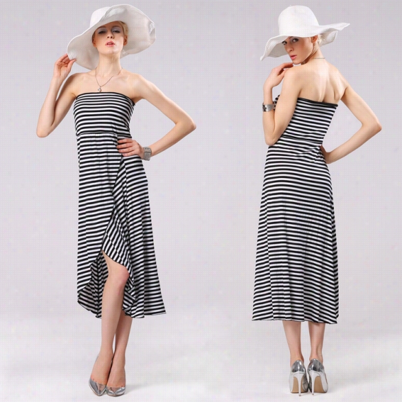 High Qualtiy Stylish Lady Women Sexy Strapless Front Split Irregular Hem Striped Slim Patry Asual Dress