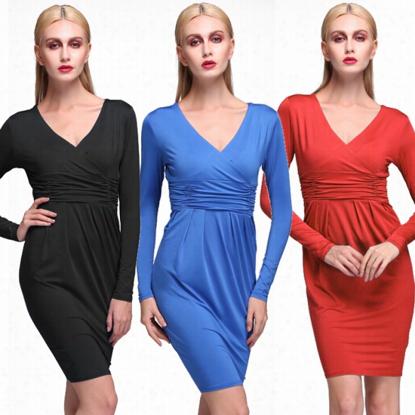 High Quality Stylish Lady Women's Party Formal New Fashion Long Sleeve V-neck Sexy Dress