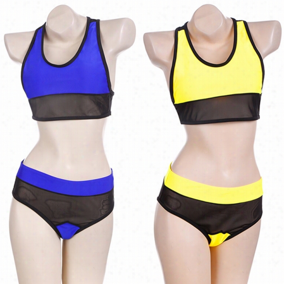 High Quality Women Sexy High Waist Mesh Stitching Contrast Color Swimwear Bikini Set  Beach Wear Swimsuit