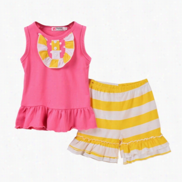 Kids Children Baby Girl Two Pieces Fashion Accidental Round Neck Ruffle Hem Tank Tops And Elastic Waist Stripe Shorts Set