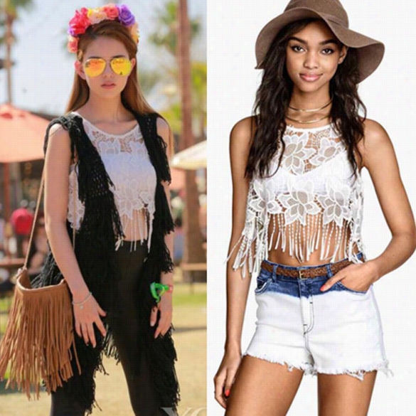 Ladies Women Sexy Hollow Out Lace Sleeveless Fringe Hem Crop Head Tank Top