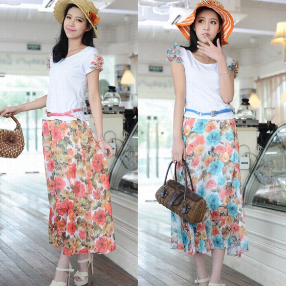 Lady Bohemian Set Round Collar Floral Printing Short Sleeve T-shirt + Long Flap + Constraint