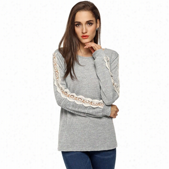 Meaneor Lady Women Fashion Casual Long Lace Sleeve O-neck Sweaetr Loose T-shirt