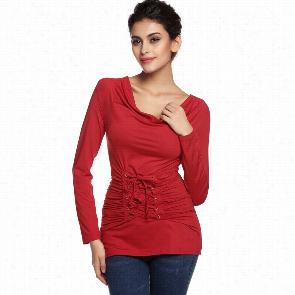 Meaneor Stylish Ladies Round Nefk Long Sleeve Slim Ruched Drape  Outwear Casual Top Blouse