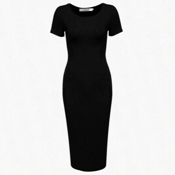 Meaneoor Women O-neck Short Sleeve Solid Slim Fi Tbodycon Midi  Dress