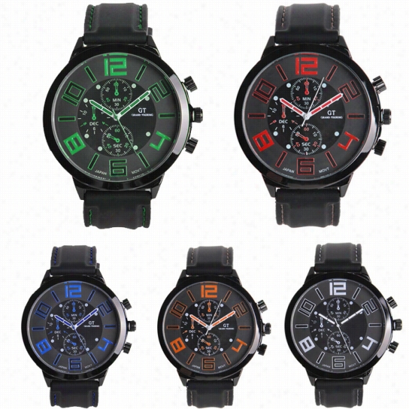 Men Sport Round Dial Quartz Black Rubber Strap Wrist Watch Large Disply