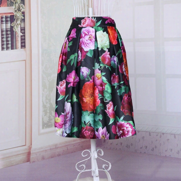 New Fashion European Style Women's Elastic Waist Flower Printed Midi Skirt