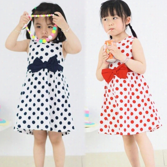 New Fashion Girls Weaar Chiffon Dot Boowknot Birthday Party Dress Cute Casual Dress