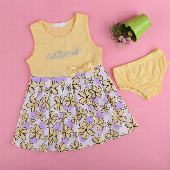 Unaccustomed Fashion Kids Children Girl Casual Round Neck Sleeveless Bow Flower Prin T Paatchwork A-line Dress With Briefs