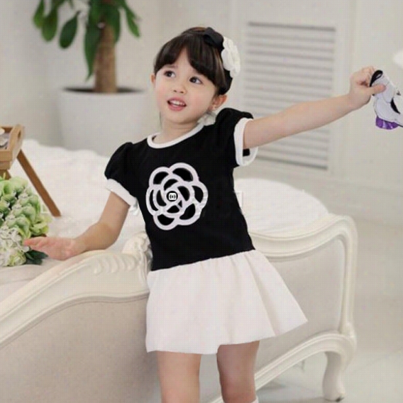 New Fashion Kids Girl's O-neck Short Sleevve Embroidery Layered Patchwork Dress