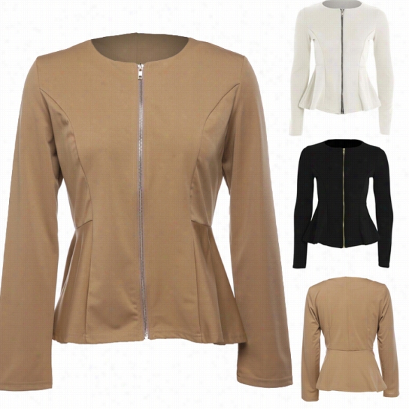 New Fashion Lady Women's Career Long Sleeve O-neck Tops Plain Zip Peplum Frill Jacket Coat